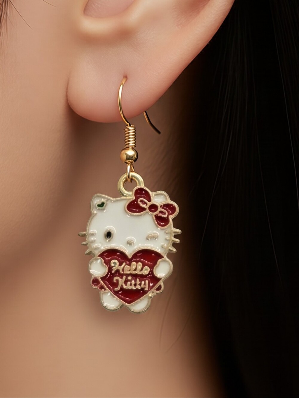 Hello Kitty Heart Earrings Sanrio Red Enamel Gold Dangle Kawaii Y2K Cartoon Gift
